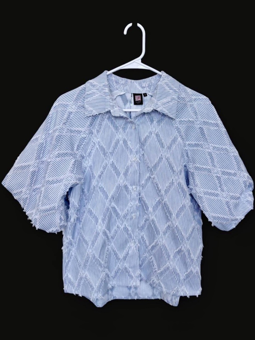 Lior Paris Embroidered Textured Fringe Balloon‎ Sleeve Button Down Blouse XS
